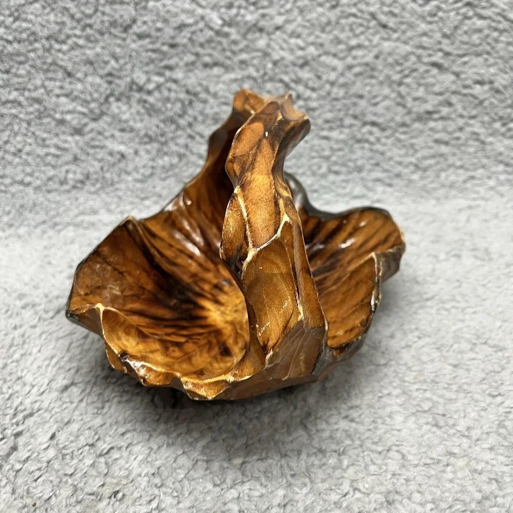 Hand Carved Burl Wood Basket Rustic‎ Folk Art with Handle
